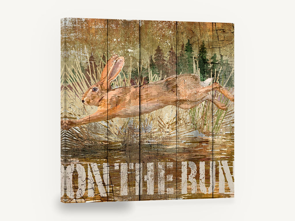 Hare On The Run, rustic leaping hare wood sign, stretched canvas wall art print ready to hang