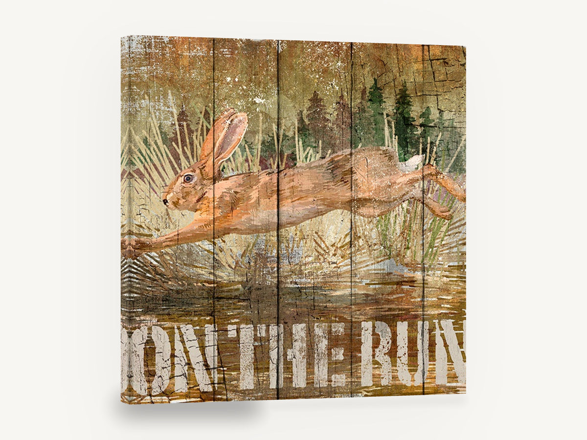 Hare On The Run, rustic leaping hare wood sign, stretched canvas wall art print ready to hang