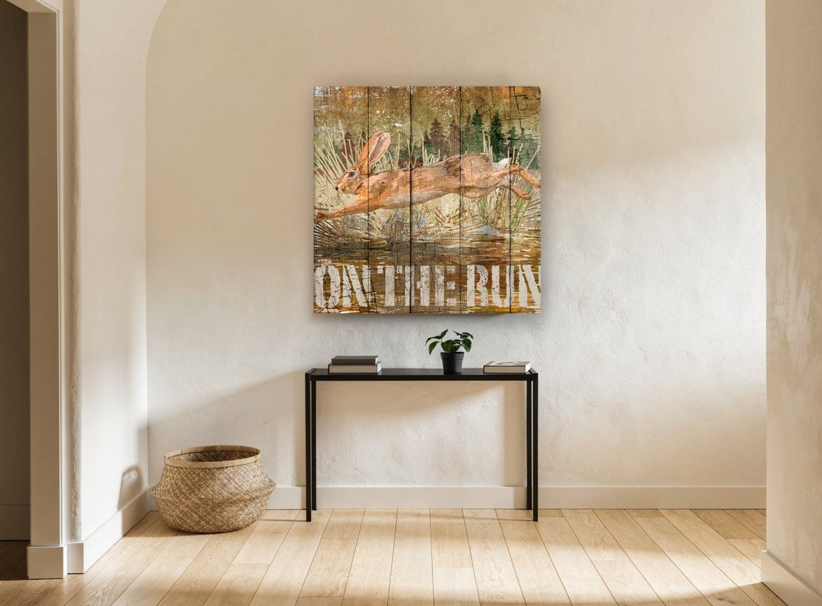 Hare On The Run vintage canvas print on the wall of a hallway