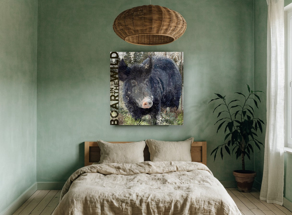 Boar in the Wild vintage canvas print on the wall of a bedroom