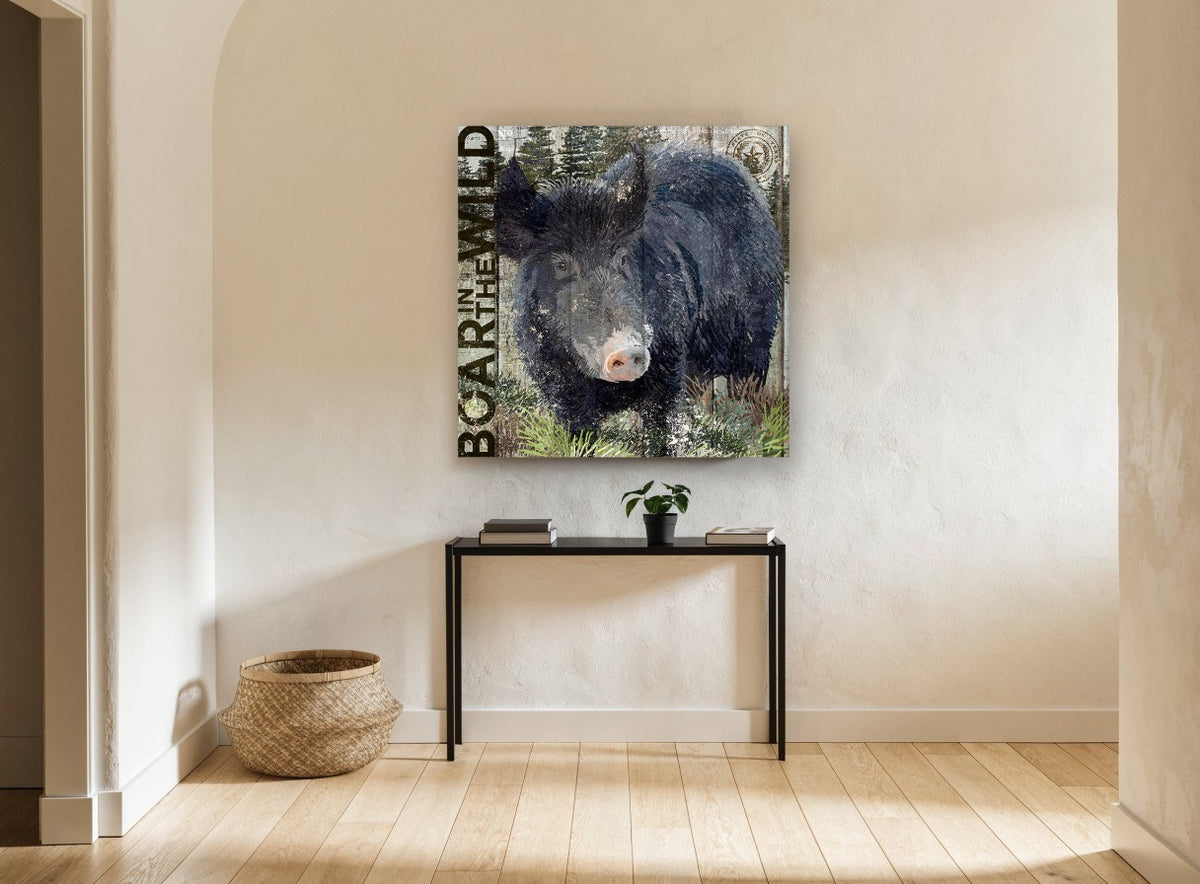 Boar in the Wild vintage canvas print on the wall of a hallway