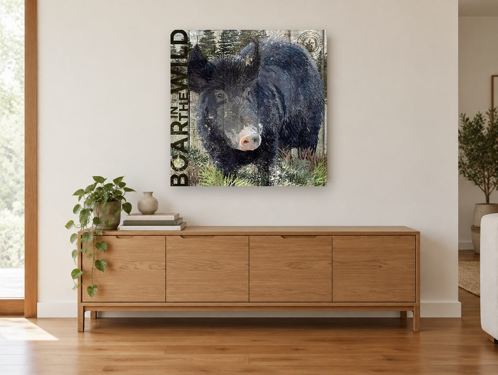 Boar in the Wild vintage canvas print on the wall of a living room above a sideboard