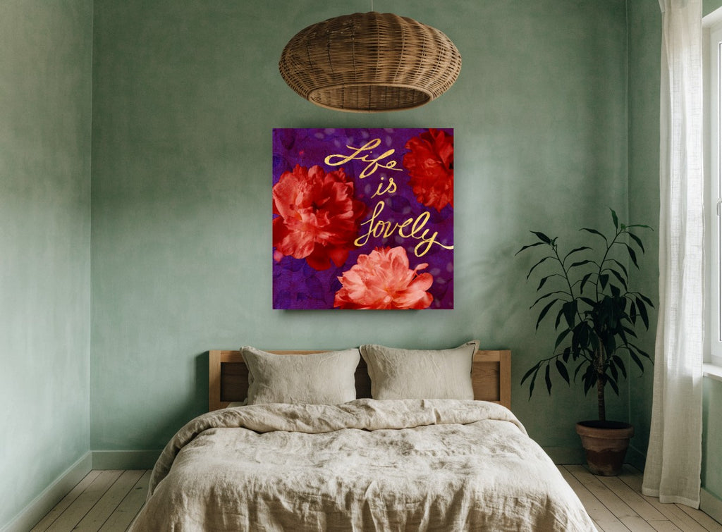 Lovely Peonies on Plum floral canvas print on the wall of a bedroom