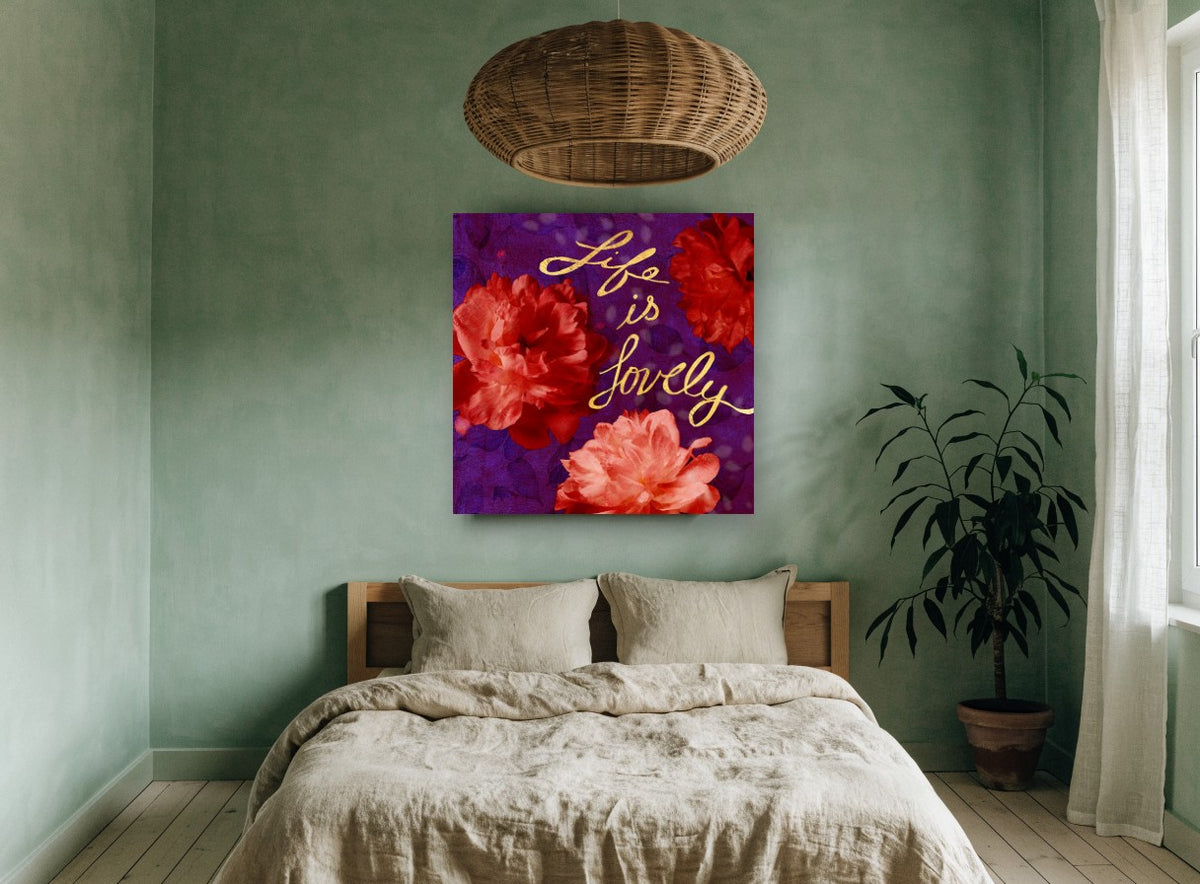 Lovely Peonies on Plum floral canvas print on the wall of a bedroom