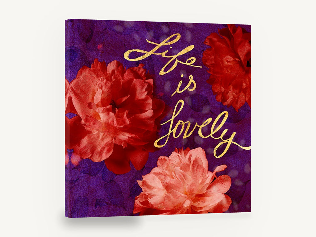 Lovely Peonies on Plum, red peonies life is lovely typography, floral canvas wall art print ready to hang