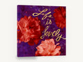 Lovely Peonies on Plum, red peonies life is lovely typography, floral canvas wall art print ready to hang