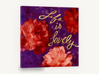 Lovely Peonies on Plum, red peonies life is lovely typography, floral canvas wall art print ready to hang