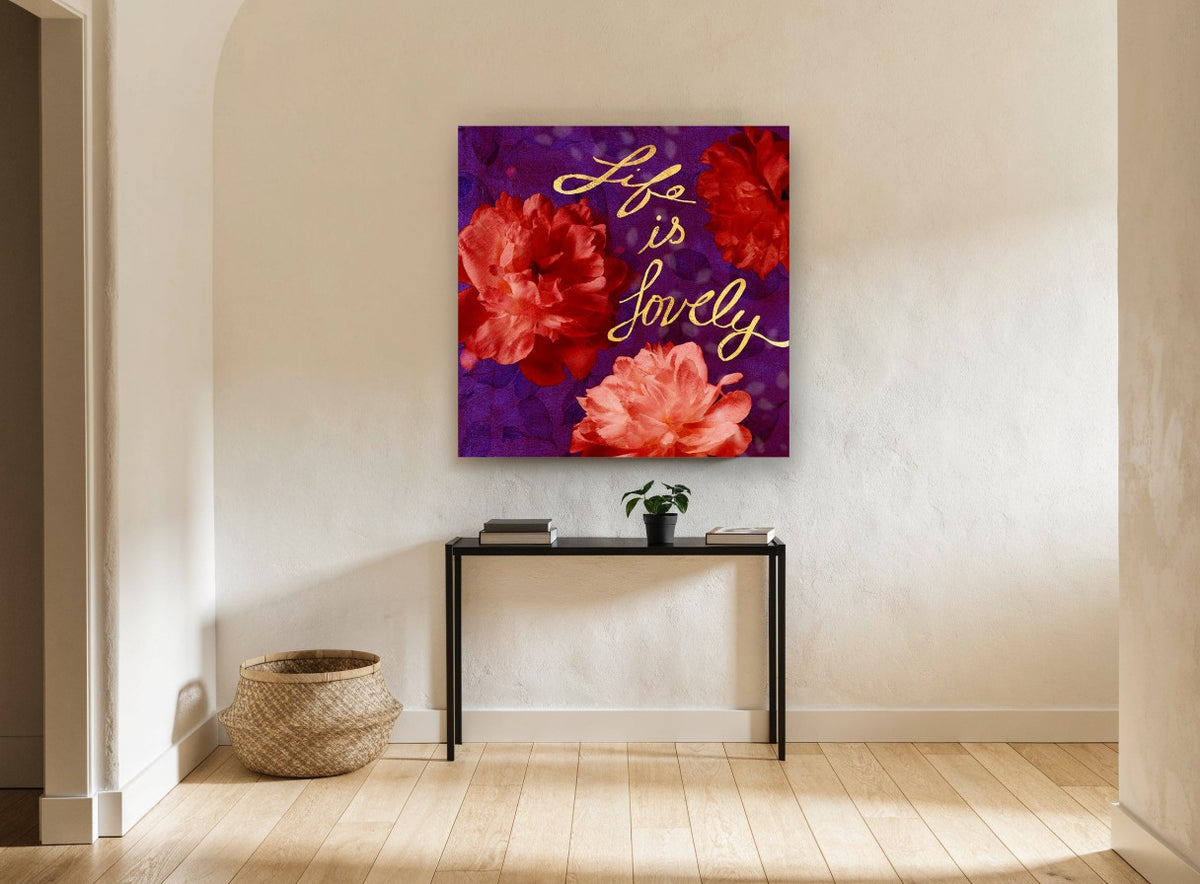 Lovely Peonies on Plum floral canvas print on the wall of a hallway