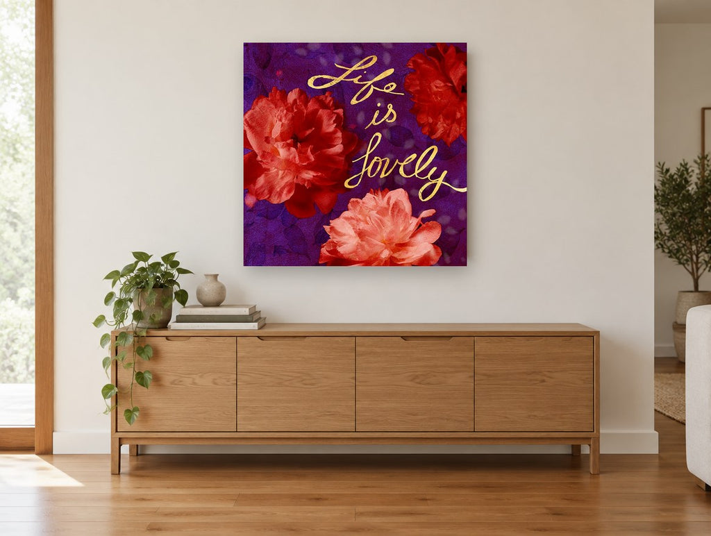Lovely Peonies on Plum floral canvas print on the wall of a living room above a sideboard