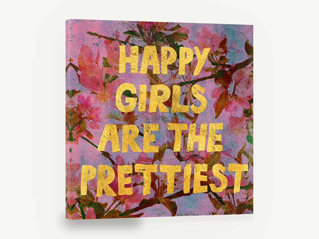 Happy Girls Blossom Typography, happy girls pink blossom typography, floral canvas wall art print ready to hang