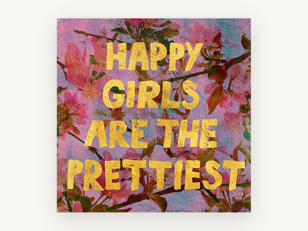 Happy Girls Blossom Typography, floral canvas wall art print, front view