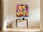 Happy Girls Blossom Typography floral canvas print on the wall of a hallway