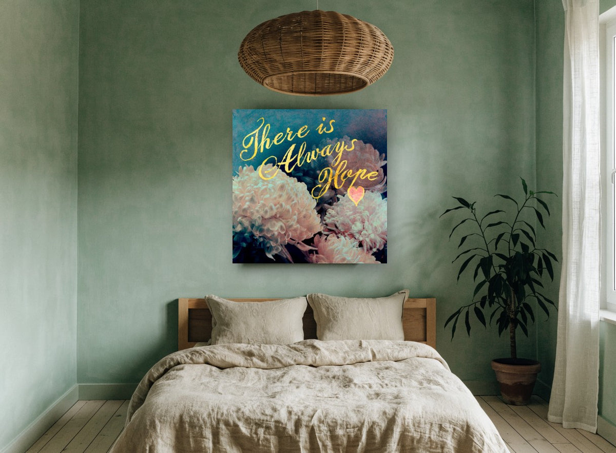 Always Hope Chrysanthemums floral canvas print on the wall of a bedroom