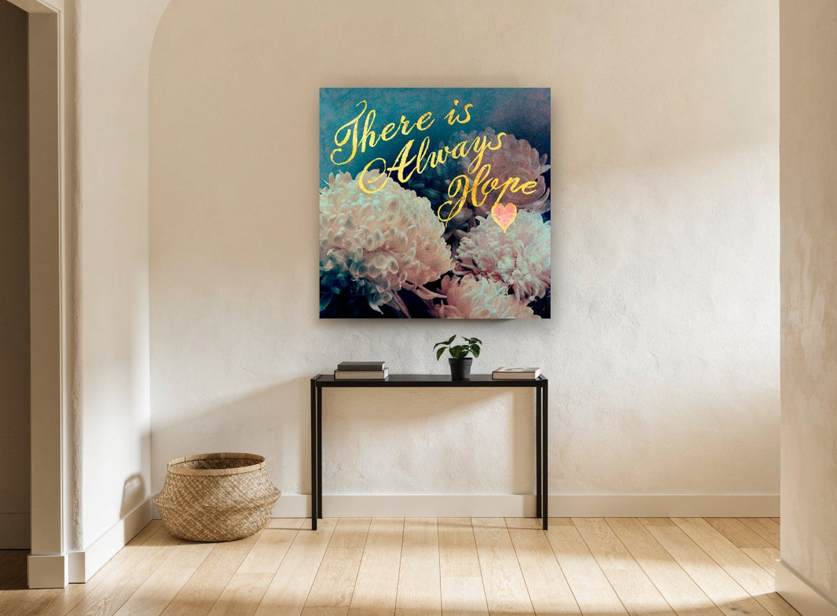 Always Hope Chrysanthemums floral canvas print on the wall of a hallway