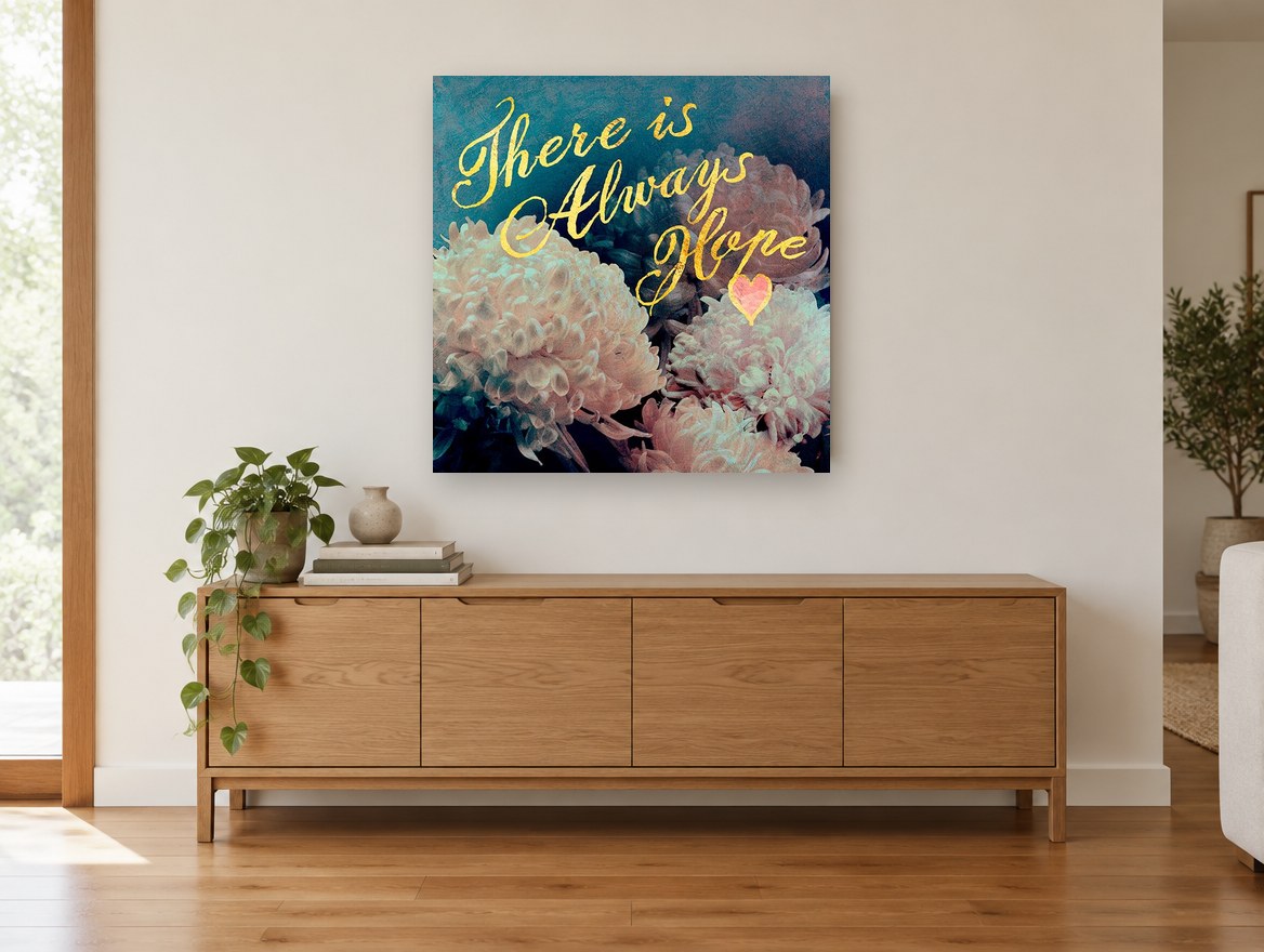 Always Hope Chrysanthemums floral canvas print on the wall of a living room above a sideboard