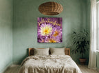 Purple Chrysanthemum Sunshine floral canvas print on the wall of a bedroom