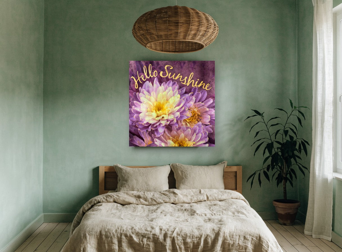 Purple Chrysanthemum Sunshine floral canvas print on the wall of a bedroom