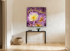 Purple Chrysanthemum Sunshine floral canvas print on the wall of a hallway