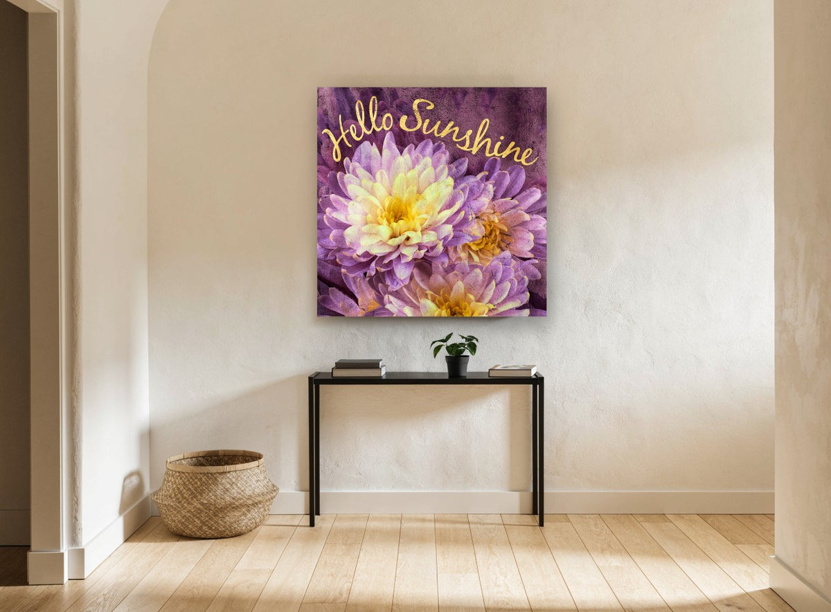 Purple Chrysanthemum Sunshine floral canvas print on the wall of a hallway