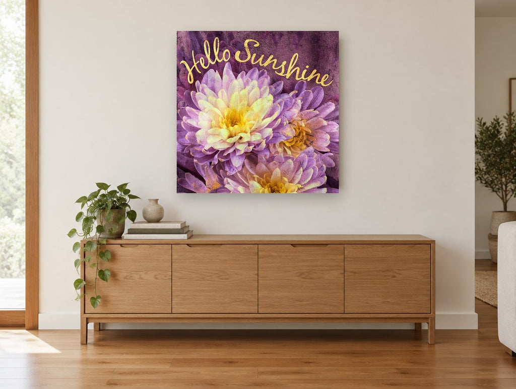 Purple Chrysanthemum Sunshine floral canvas print on the wall of a living room above a sideboard