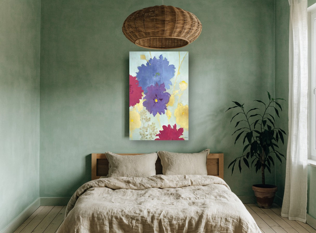 Jewel Blooms on Aqua floral canvas print on the wall of a bedroom
