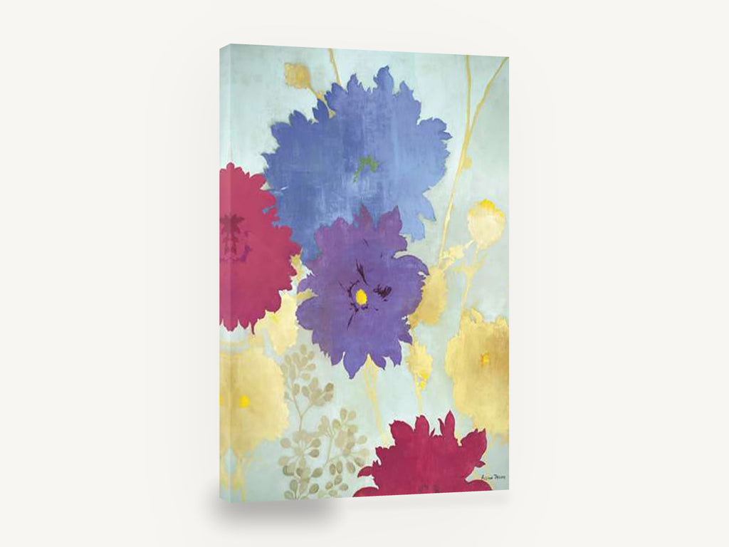 Jewel Blooms on Aqua, blue purple magenta floral painting, floral canvas wall art print ready to hang