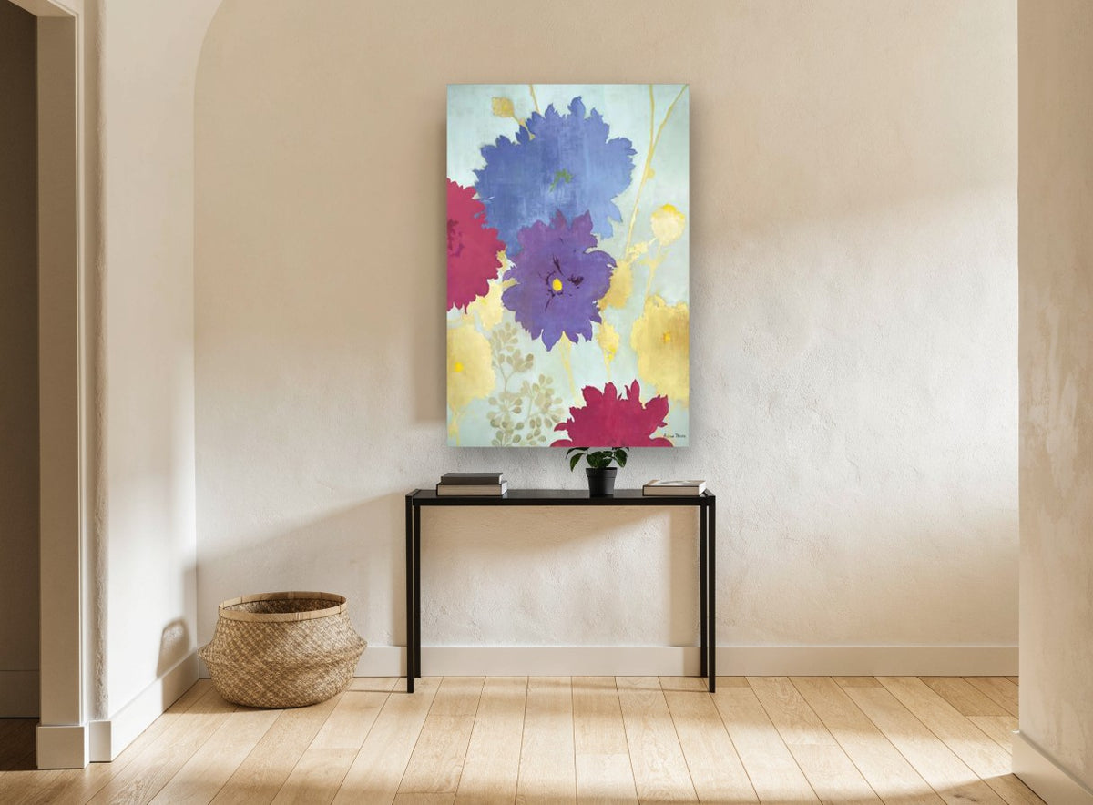 Jewel Blooms on Aqua floral canvas print on the wall of a hallway