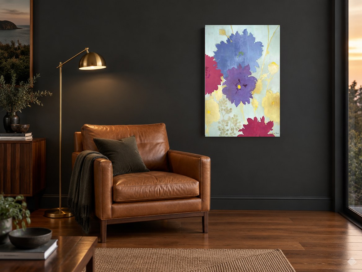 Jewel Blooms on Aqua floral canvas print on the wall of a charcoal living room