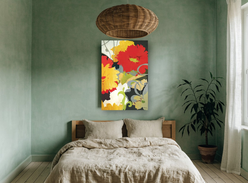Scarlet and Marigold Bloom floral canvas print on the wall of a bedroom