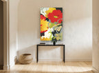 Scarlet and Marigold Bloom floral canvas print on the wall of a hallway