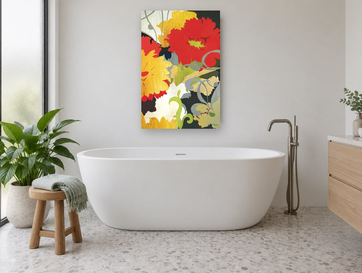 Scarlet and Marigold Bloom floral canvas print on the wall of a bathroom