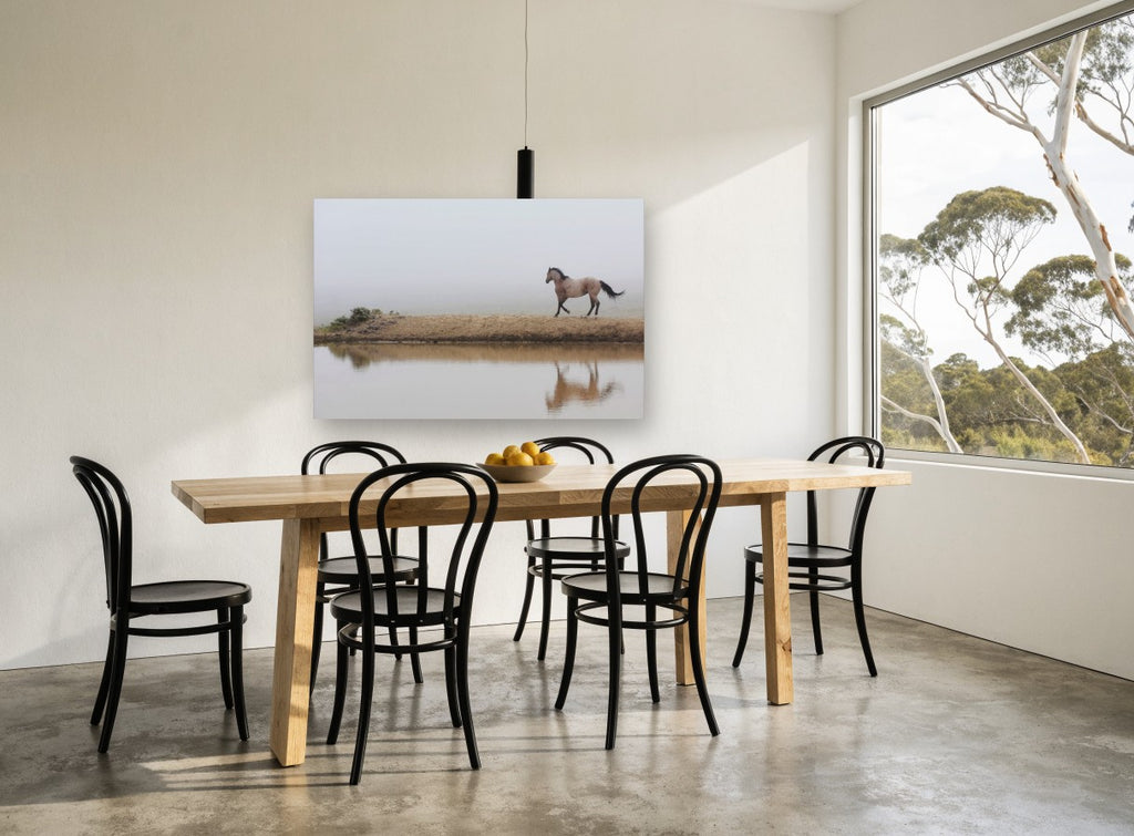 Horse in the Fog landscape canvas print on the wall of a dining room
