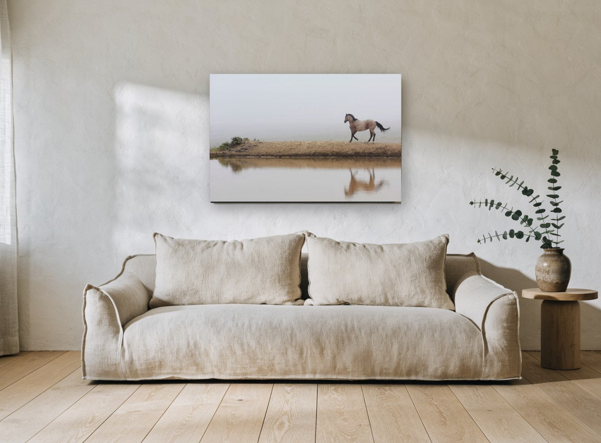 Horse in the Fog landscape canvas print on the wall of a living room