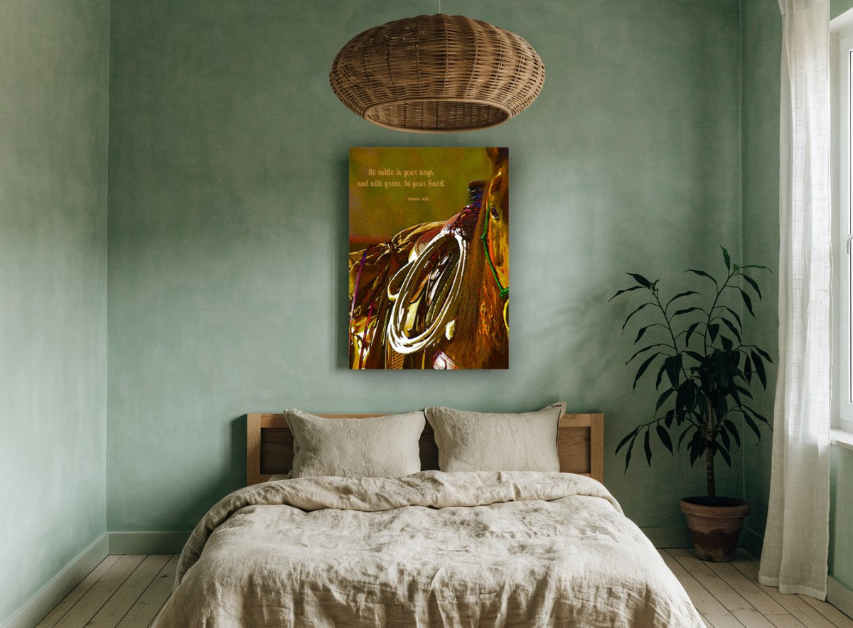 Saddle and Lasso Quote animal canvas print on the wall of a bedroom