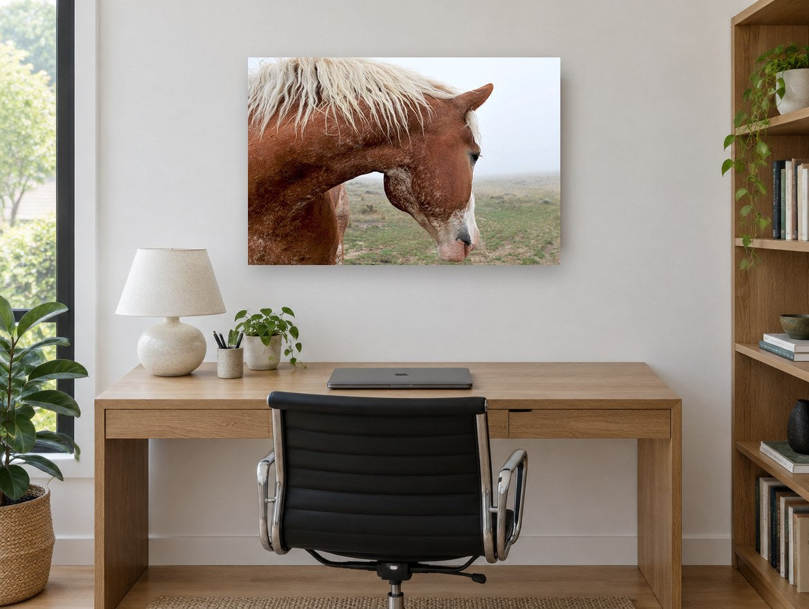 Chestnut Horse in Fog landscape canvas print on the wall of a study