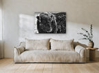 Frosted Bull Portrait animal canvas print on the wall of a living room
