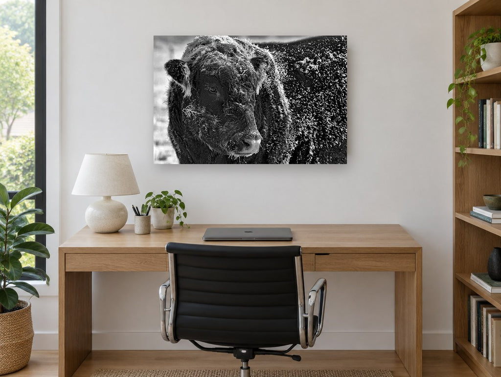 Frosted Bull Portrait animal canvas print on the wall of a study