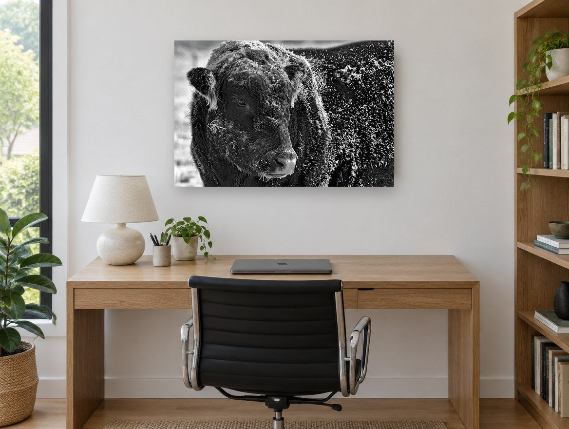 Frosted Bull Portrait animal canvas print on the wall of a study