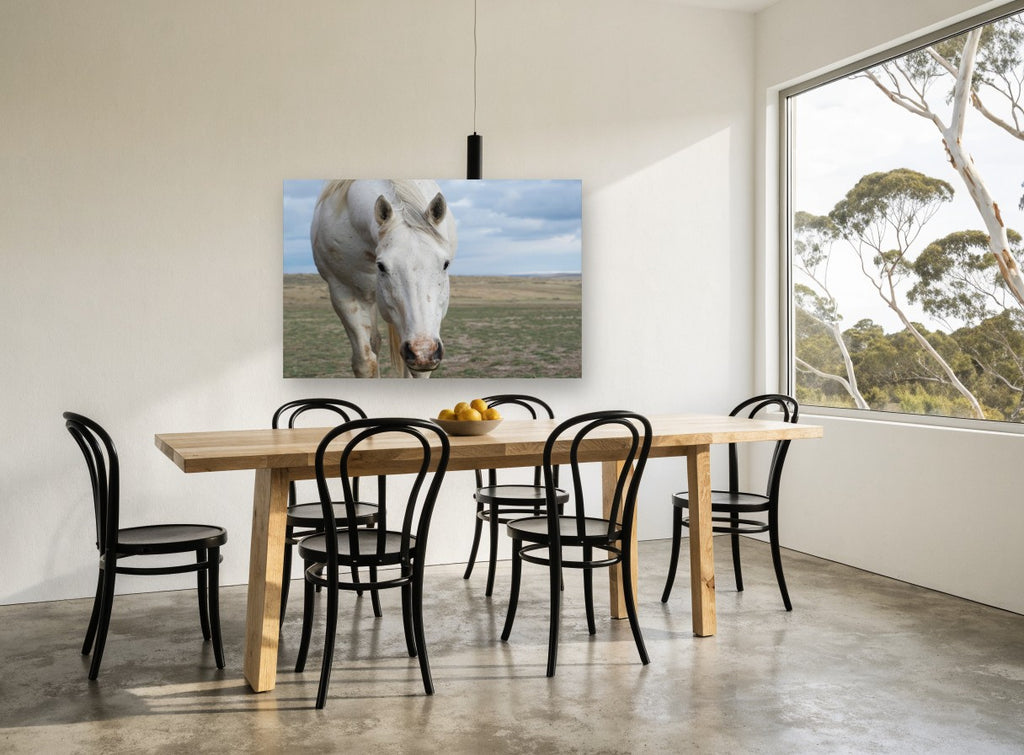 White Horse Plains landscape canvas print on the wall of a dining room
