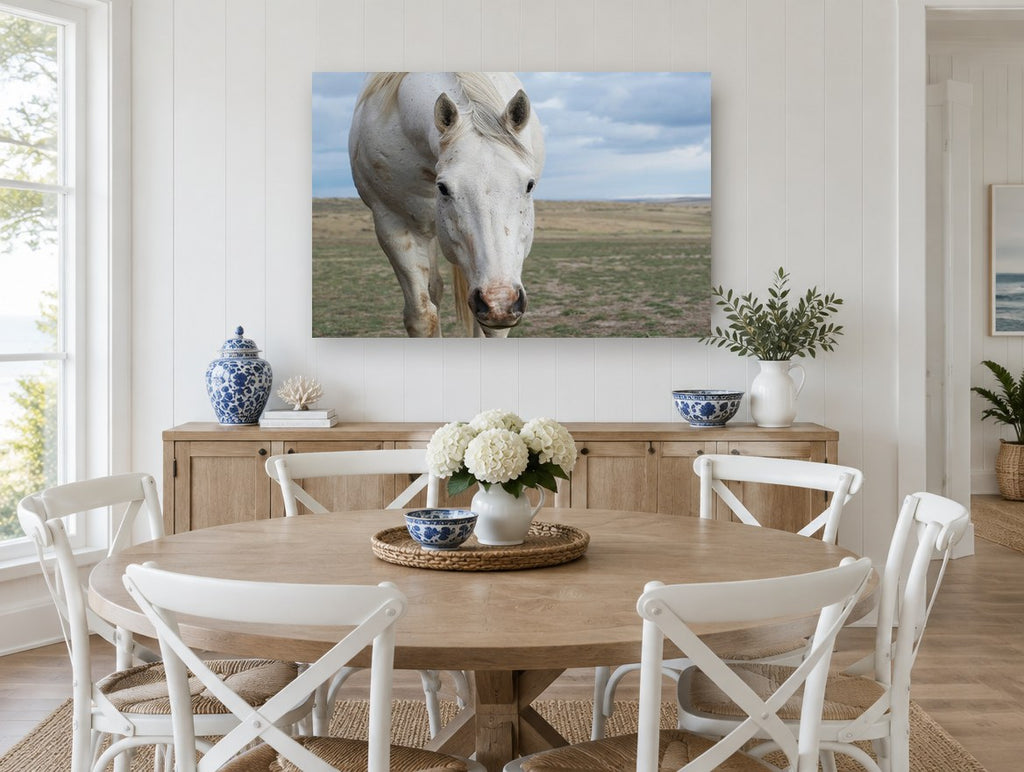 White Horse Plains landscape canvas print on the wall of a Hamptons dining room