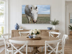 White Horse Plains landscape canvas print on the wall of a Hamptons dining room
