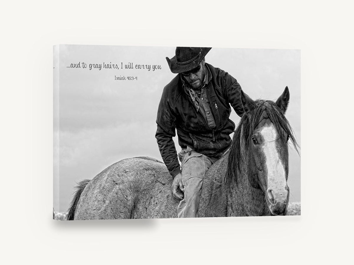 Carried By Grace, cowboy and horse black and white photograph, animal canvas wall art print ready to hang