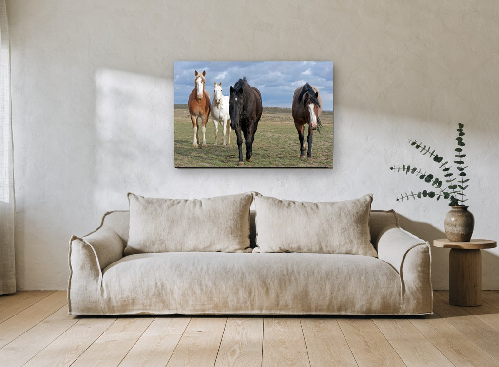 Four Across the Plain landscape canvas print on the wall of a living room