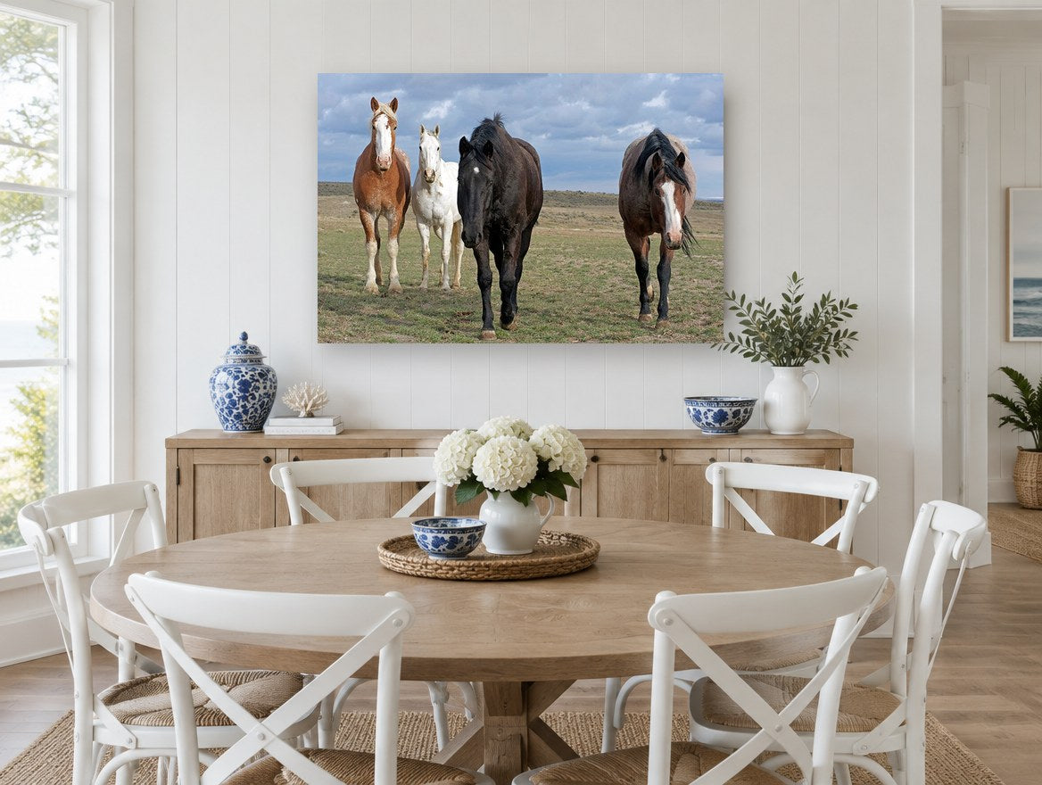 Four Across the Plain landscape canvas print on the wall of a Hamptons dining room