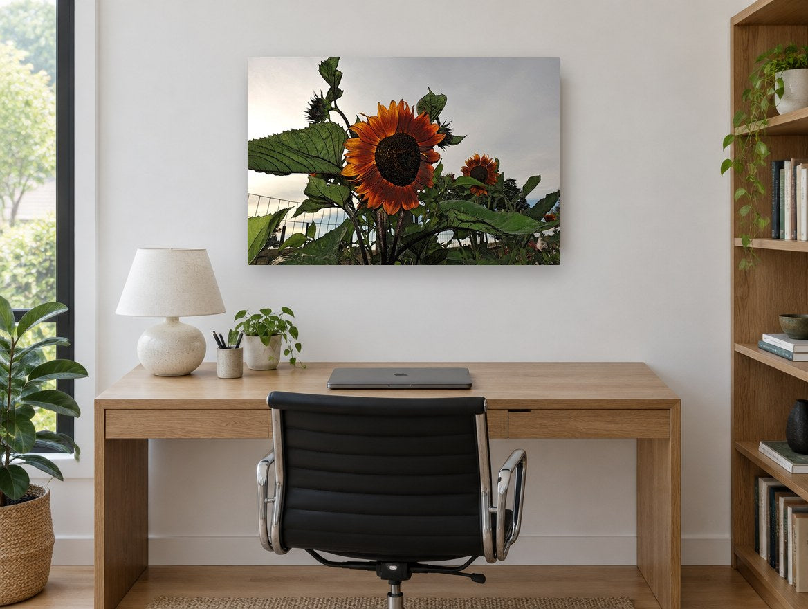 Rust Sunflower at Dusk floral canvas print on the wall of a study