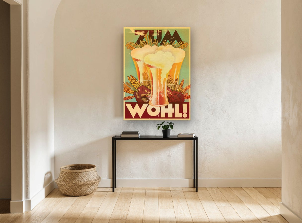Beer Glasses Zum Wohl floral canvas print on the wall of a hallway