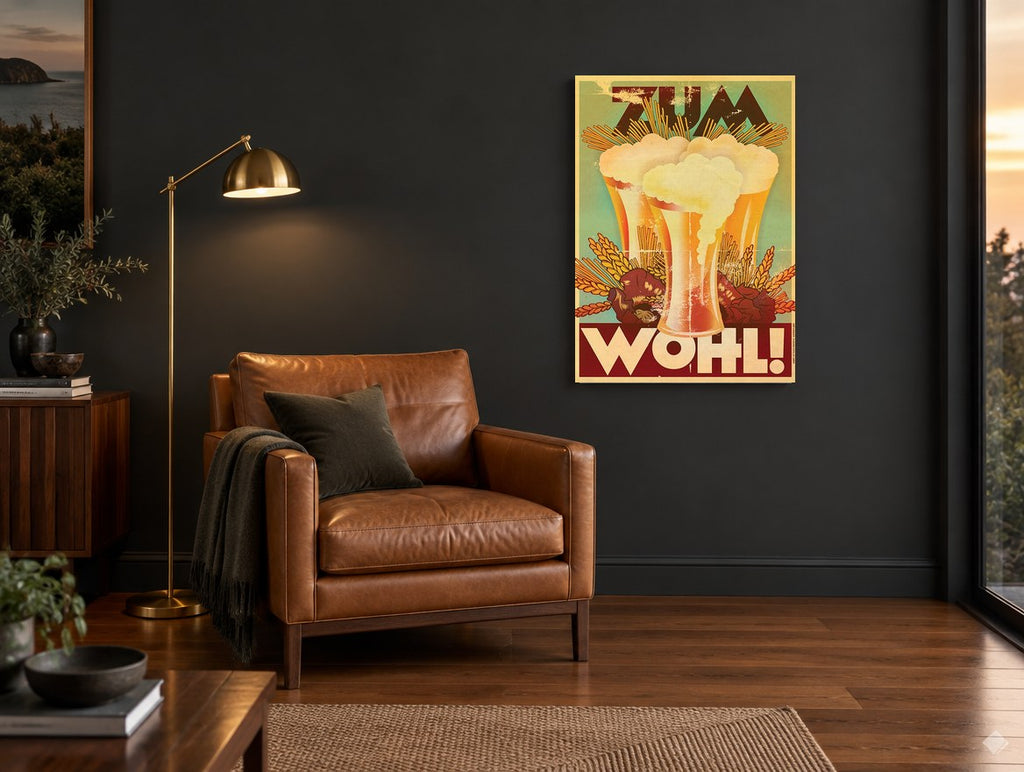 Beer Glasses Zum Wohl floral canvas print on the wall of a charcoal living room