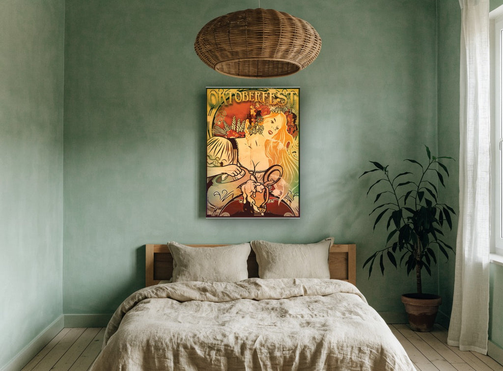 Oktoberfest Harvest Maiden floral canvas print on the wall of a bedroom