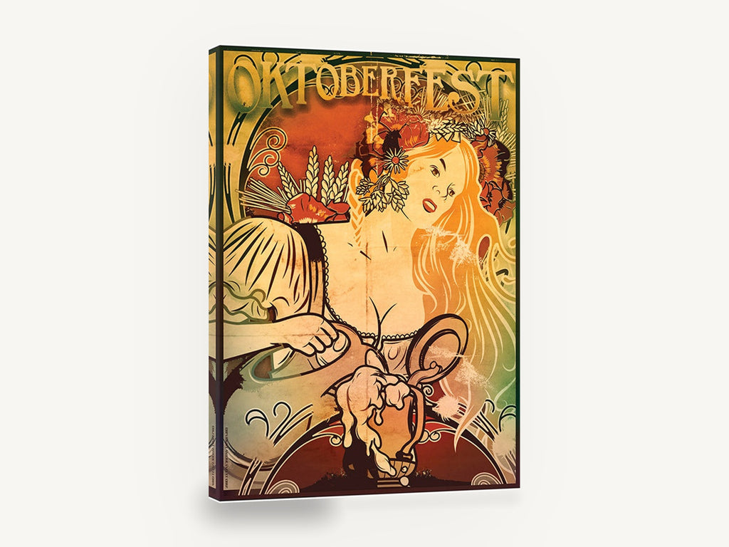 Oktoberfest Harvest Maiden, oktoberfest beer maiden vintage poster, floral canvas wall art print ready to hang