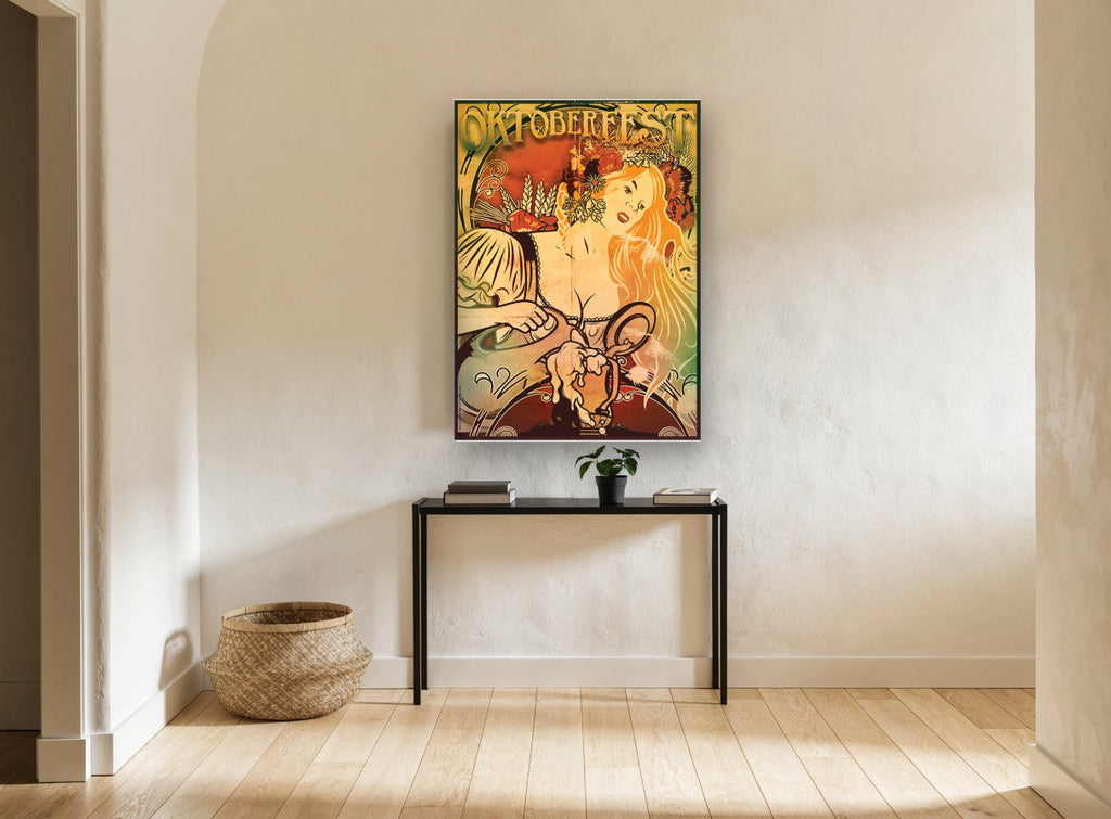 Oktoberfest Harvest Maiden floral canvas print on the wall of a hallway